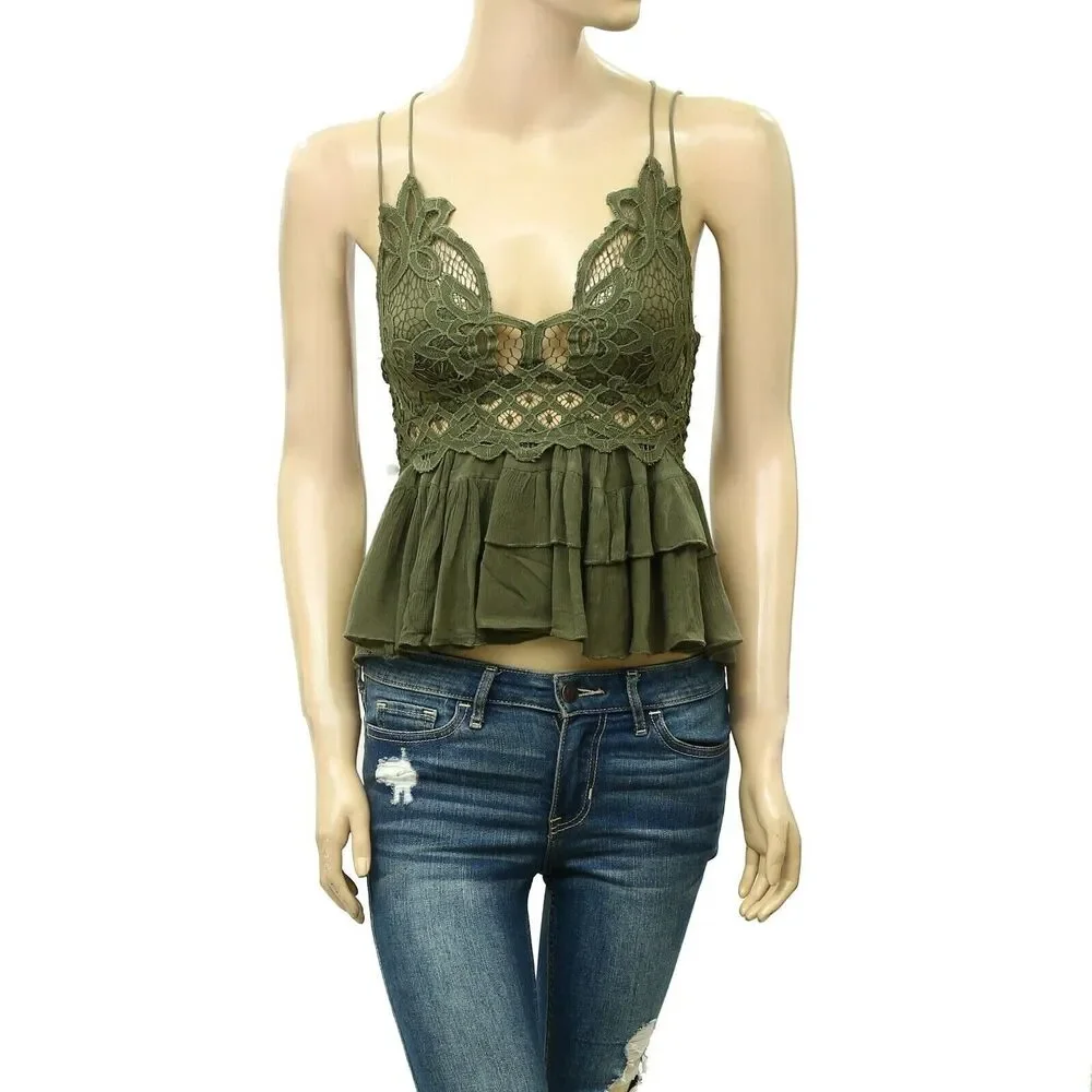 Intimately Free People Adella Cami Blouse Top Crochet Lace Flowy Green M 287108